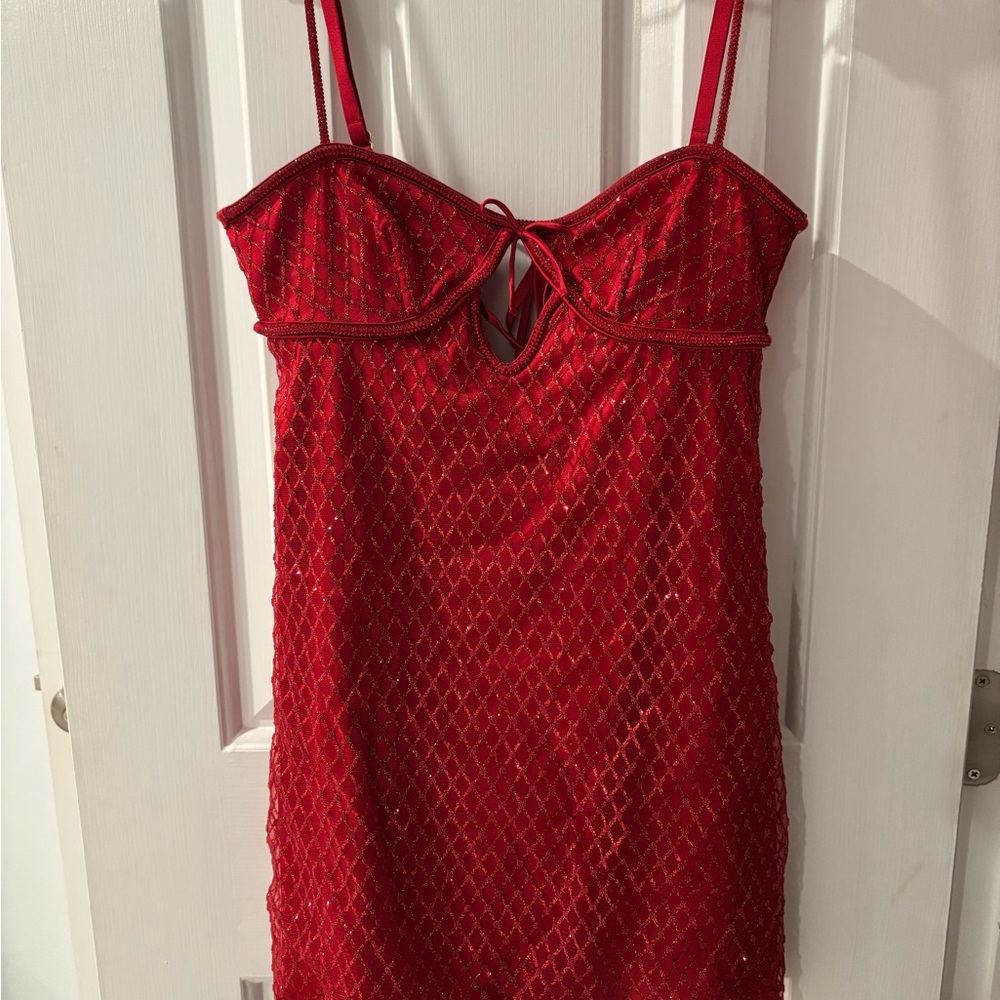 For Love And Lemons red glitter slip dress